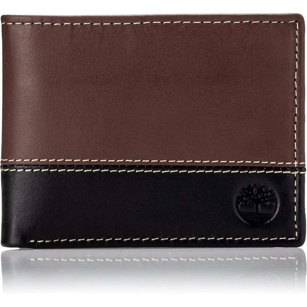 Timberland men's Leather Passcase Trifold Wallet Hybrid, Brown/Black, One Size